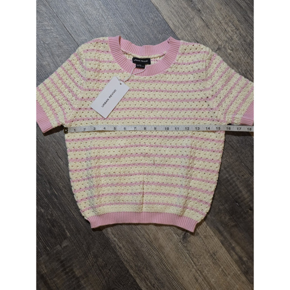 URBAN REVIVO Womens XS Striped Knit Top Pink White 100% Cotton Crochet NWT - Picture 2 of 7